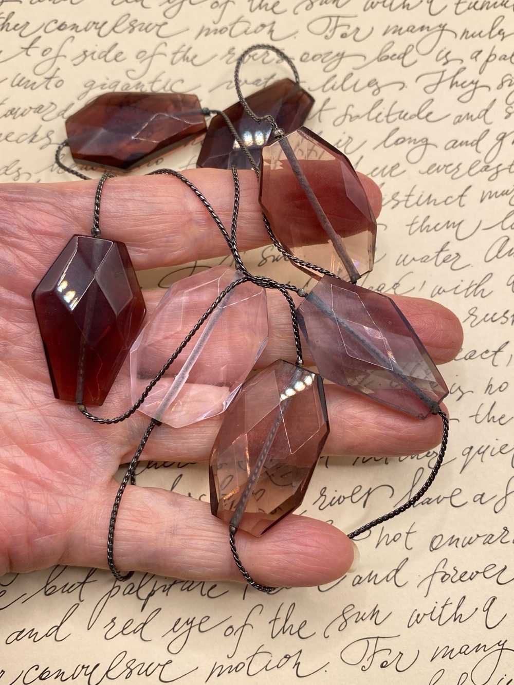 Chunky Glass Beads Necklace On Thin Gunmetal Chain Pink Lavender Purple Brown